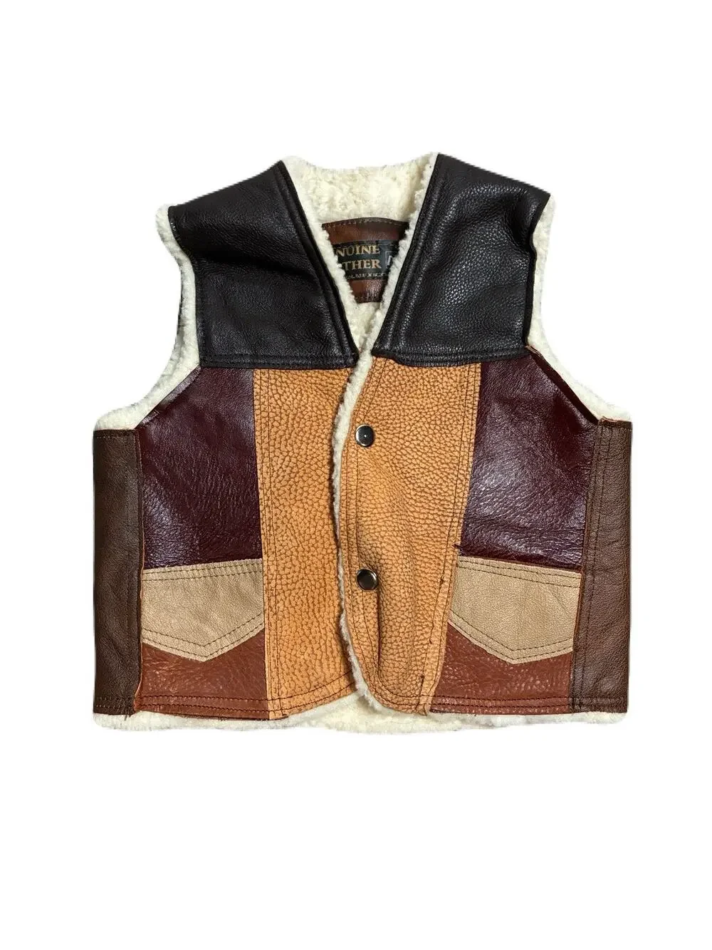 Vintage Boys Genuine Leather Patchwork Sherpa Vest Size 4/5 Mexican Hand Made